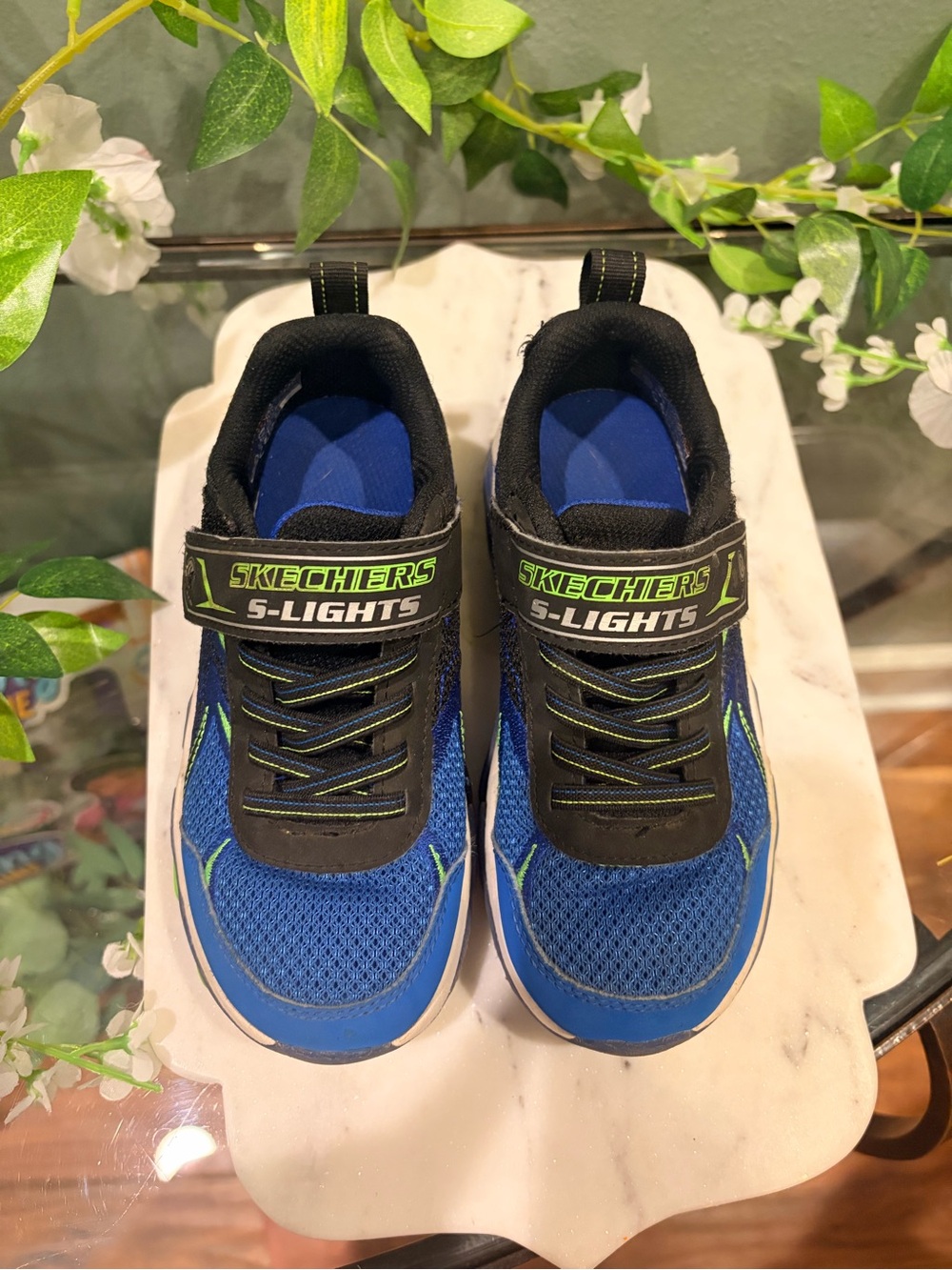 Skechers S-Lights Blue and Black Kids Sneakers with Neon Green Trim